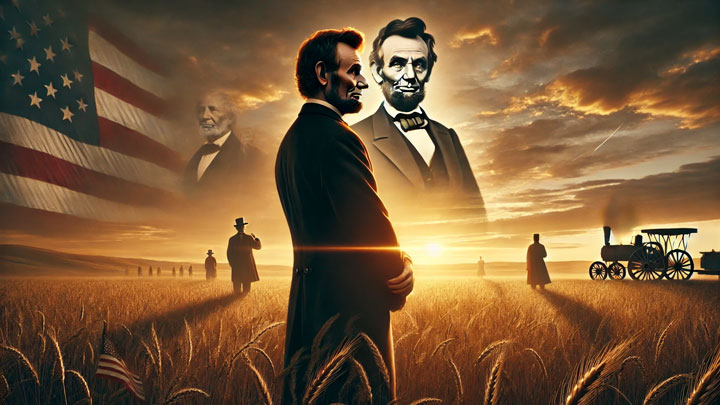 Abraham Lincoln stands in a vast field at dusk, gazing at the horizon where a united America is subtly painted in the sky, with ghostly figures of past and future leaders fading in and out, symbolizing his visionary thinking.