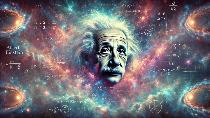 A dreamlike painting of Albert Einstein floating in a cosmic landscape, surrounded by glowing equations and swirling galaxies. His mind appears to merge with the fabric of the universe, symbolizing his deep connection to abstract thought and theoretical physics. The colors are ethereal, evoking a sense of wonder and mystery