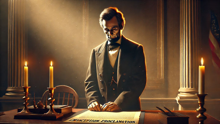 Abraham Lincoln stands at his desk, hands clasped, staring at the Emancipation Proclamation, his furrowed brow reflecting the weight of history as flickering candlelight emphasizes the gravity of his decision.