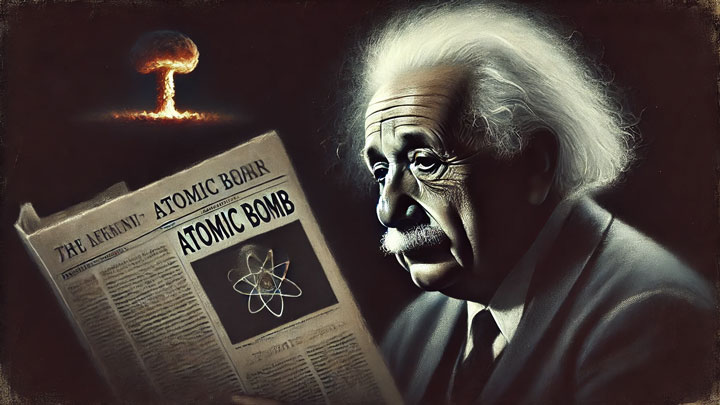 A melancholic digital painting of Albert Einstein gazing at a newspaper headline about the atomic bomb, his face marked with sadness and regret. The background is dark, with faint flashes of nuclear explosions, representing his internal struggle over the consequences of his scientific contributions.