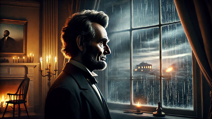 Abraham Lincoln stands in the White House, gazing out a rain-streaked window as distant Civil War cannon fire illuminates the stormy sky, his face solemn yet resolute, symbolizing his unwavering strength under pressure.