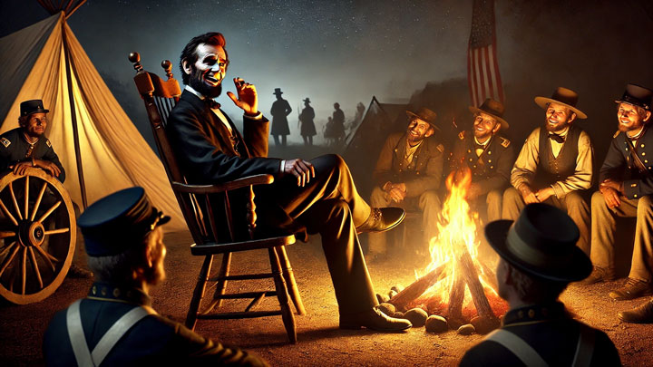 Abraham Lincoln leans back in a wooden chair, laughing as he shares a humorous story with soldiers around a campfire, bringing warmth and lightness to the wartime encampment.