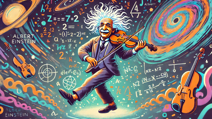 A whimsical illustration of Albert Einstein in a colorful world of floating equations and swirling galaxies. He dances joyfully while holding a violin, symbolizing his love for music and fun. His wild hair is animated by the energy of his thoughts, giving a sense of playfulness and curiosity.