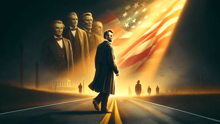 Abraham Lincoln walks forward on a winding road, past presidents watching behind him, as a vision of modern, diverse America unfolds ahead, symbolizing his embrace of change and progress.