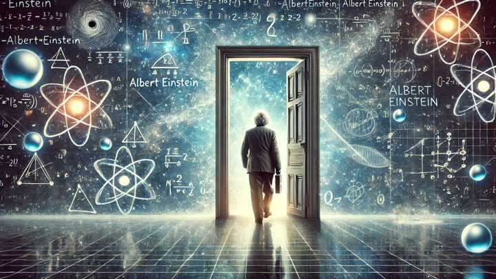 A surreal artwork of Albert Einstein walking through a doorway of light, stepping into a futuristic world filled with floating equations and symbols of progress. His posture is confident, symbolizing his willingness to embrace change and explore the unknown.