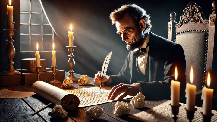 Abraham Lincoln sits at his wooden desk, meticulously revising the Gettysburg Address by candlelight, surrounded by crumpled drafts, his expression intense as he perfects every word.