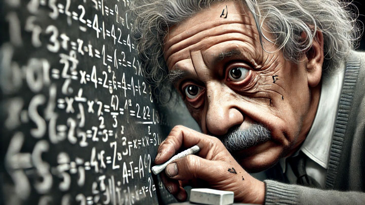 A hyper-detailed close-up of Albert Einstein rewriting an equation on a chalkboard for the hundredth time, his face intensely focused. Small eraser smudges and rewritten formulas show his obsessive attention to precision and perfection. The atmosphere is filled with the tension of scientific discovery.