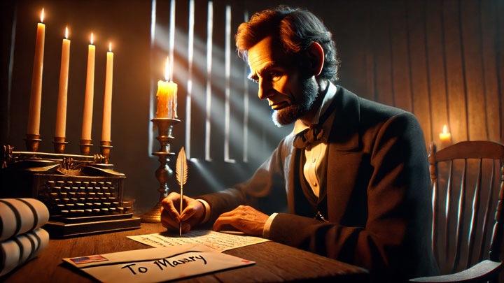 Abraham Lincoln sits alone in a candlelit room, writing a letter with slow, careful strokes, his face partially shadowed, lost in deep thought, with a sealed envelope labeled ‘To Mary’ resting nearby.