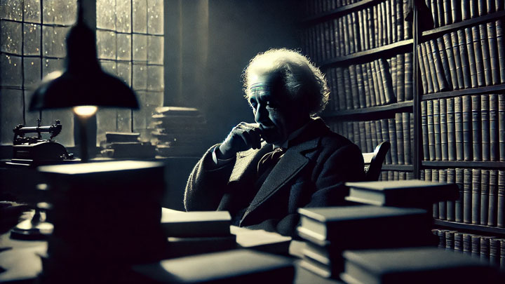 A moody, noir-style portrait of Albert Einstein sitting alone in a dimly lit library, surrounded by stacks of books. His face is partially hidden in shadow, deep in quiet reflection. The scene captures his introspective, private nature, showing a man lost in thought away from the public eye.