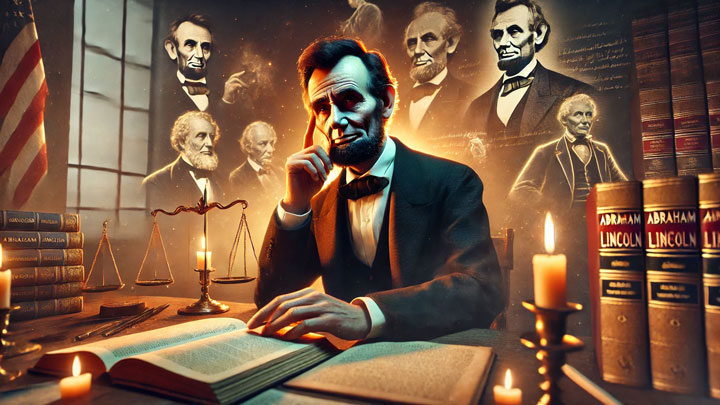 Abraham Lincoln sits in a dimly lit study, stroking his beard in deep thought, surrounded by law books and glowing outlines of courtroom debates, symbolizing his analytical mind and legal brilliance.