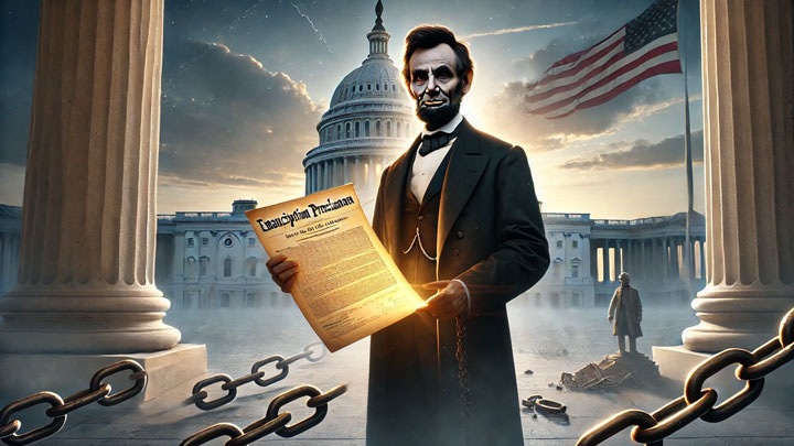 Abraham Lincoln stands firmly in front of the U.S. Capitol, holding the glowing Emancipation Proclamation as broken chains lie behind him, symbolizing justice, freedom, and the rule of law.