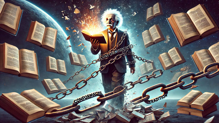 A surreal digital artwork of Albert Einstein breaking free from chains labeled 'Conformity' and 'Tradition,' symbolizing his rejection of rigid academic rules. He stands defiantly, holding a glowing book of revolutionary ideas. The background features shattered textbooks floating in zero gravity, representing his groundbreaking scientific theories.