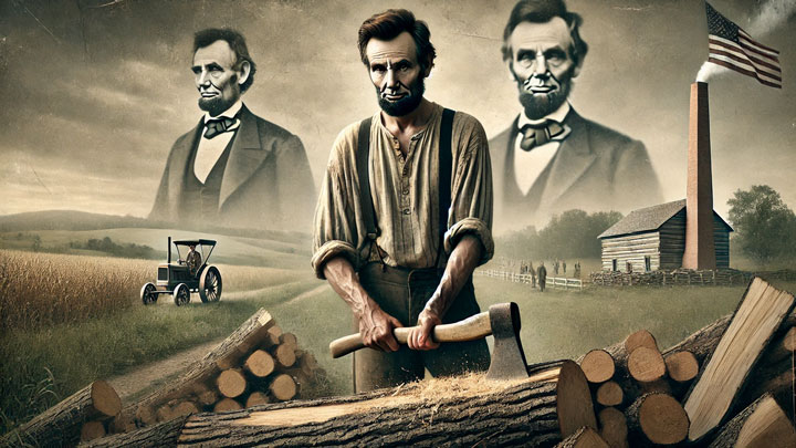 A young Abraham Lincoln, dressed in simple frontier clothes, chops wood in a vast landscape, while ghostly visions of his future presidency and leadership hover behind him, symbolizing his rise through self-reliance and determination.