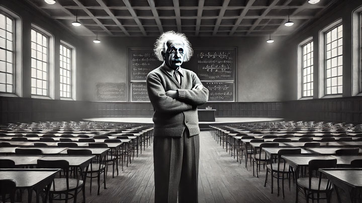 A powerful portrait of Albert Einstein standing alone in a massive empty lecture hall, his arms crossed as he contemplates a chalkboard full of equations. He exudes self-confidence and independence, embodying the lone genius who trusted his own intellect above all else.