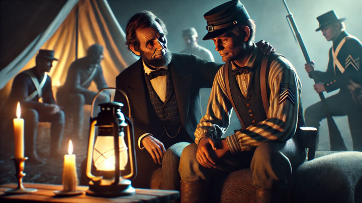 Abraham Lincoln sits beside a fatigued Union soldier in a quiet encampment, placing a reassuring hand on his shoulder, illuminated by candlelight, reflecting his compassion and burden as a leader.