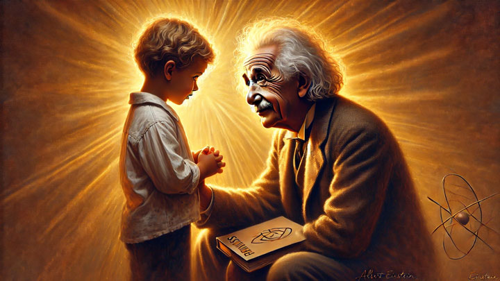 A emotional painting of Albert Einstein kneeling to speak with a young child, his expression full of empathy and kindness. The child holds a physics book, symbolizing the power of knowledge. The background is soft and golden, radiating warmth and human connection.