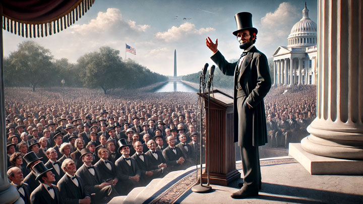 Abraham Lincoln stands on the White House steps, delivering a powerful speech to a captivated crowd, his hand raised in confident yet measured conviction.