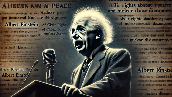 A dramatic portrait of Albert Einstein standing at a podium, passionately speaking to a crowd about peace and scientific progress. His expression is determined and fearless. A faint overlay of historical newspaper headlines about his advocacy for civil rights and nuclear disarmament adds depth to the scene.