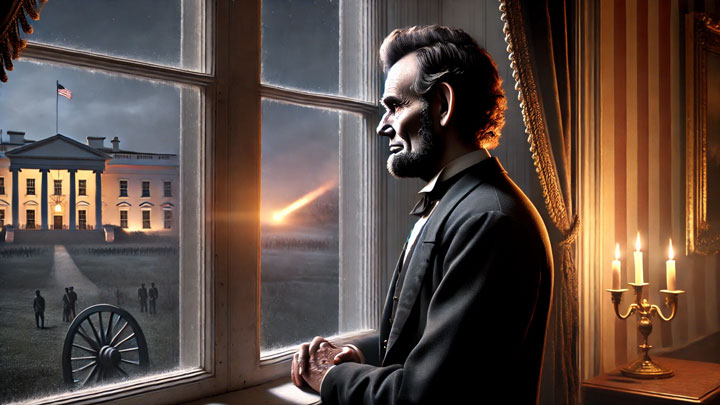 Abraham Lincoln stands at a White House window, gazing at the war-torn land beyond, his shoulders slightly slumped yet his hands steady, symbolizing the immense weight of leadership he bore without breaking.