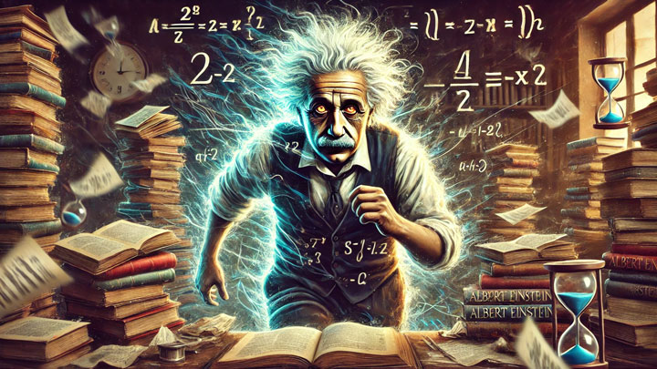 A dynamic digital painting of Albert Einstein pacing in a cluttered study, stacks of books and papers surrounding him. His hair is disheveled, and his eyes burn with restless curiosity. Equations float around him like ghosts, symbolizing his inability to stop thinking, questioning, and exploring.