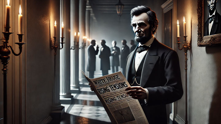 Abraham Lincoln stands in a dimly lit White House corridor, scanning a newspaper headline about rising tensions as shadowy figures whisper in the background, symbolizing political intrigue and hidden threats.