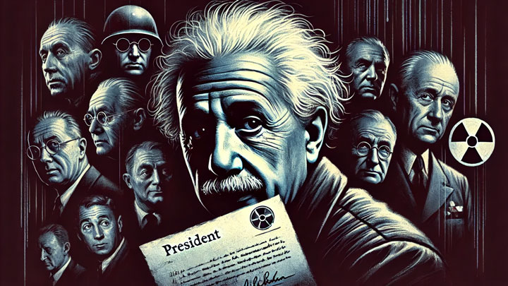 A dark, moody illustration of Albert Einstein looking over his shoulder, surrounded by looming shadows representing war, politics, and oppression. His eyes reflect deep concern, and his hands clutch a letter addressed to President Roosevelt, symbolizing his reluctant role in the development of nuclear weapons.