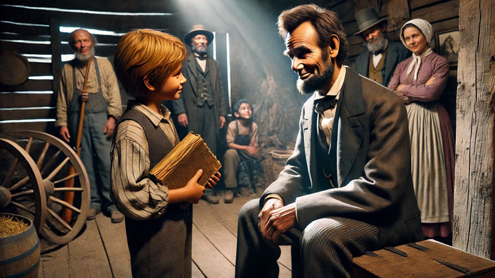 Abraham Lincoln kneels in a rustic wooden cabin, speaking warmly to a young boy holding a tattered book, while working-class citizens look on in admiration, symbolizing his deep connection to the common people.