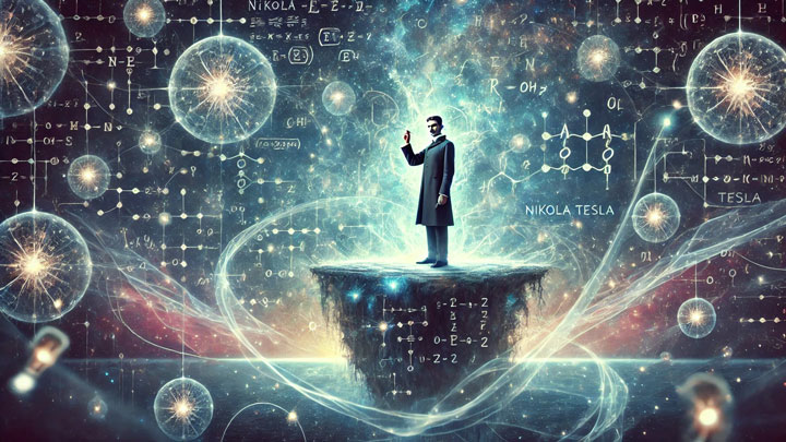 Nikola Tesla stands on a floating platform, sketching equations in a cosmic dreamscape where stars morph into glowing circuits.