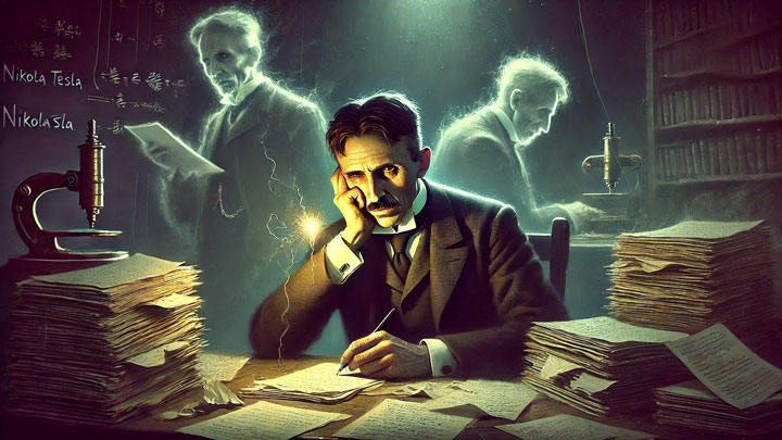 Nikola Tesla at a desk, exhausted yet determined, surrounded by notes and ghostly failures, holding a glowing electric spark.