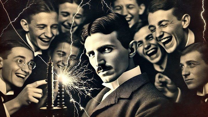 Nikola Tesla, lost in thought over a high-voltage experiment, ignores young scientists chatting, highlighting his intense focus.