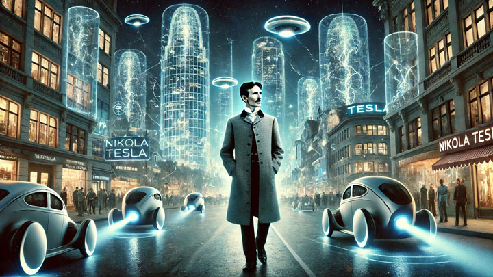 Nikola Tesla walks through a futuristic city, glowing skyscrapers powered wirelessly, his calm gaze showing he foresaw this future.