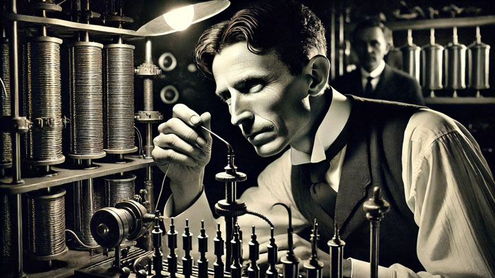 Nikola Tesla intensely adjusts a tiny screw on a machine, his sharp gaze showing absolute focus while assistants watch nervously.