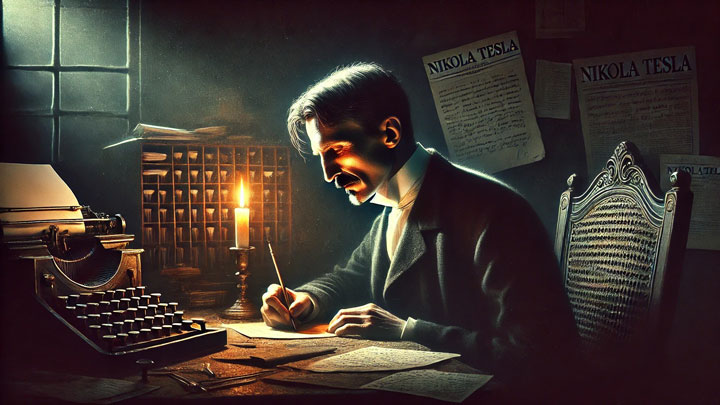 Nikola Tesla writes in a dim study, candlelight casting shadows, with an ignored investor letter and a newspaper questioning his sanity.