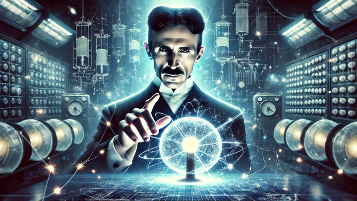 Nikola Tesla in his lab, surrounded by floating blueprints, reaching for an electric sphere, symbolizing his unmatched genius.