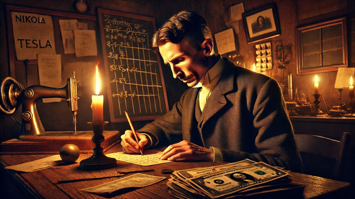 Nikola Tesla writes formulas by candlelight, untouched dollar bills behind him symbolize his unwavering scientific integrity.