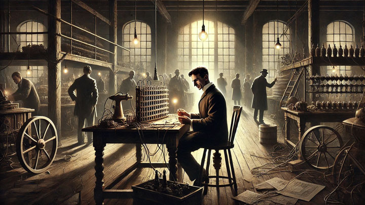 Nikola Tesla works alone in a vast lab, assembling a device as uninterested investors walk away, highlighting his self-reliance.