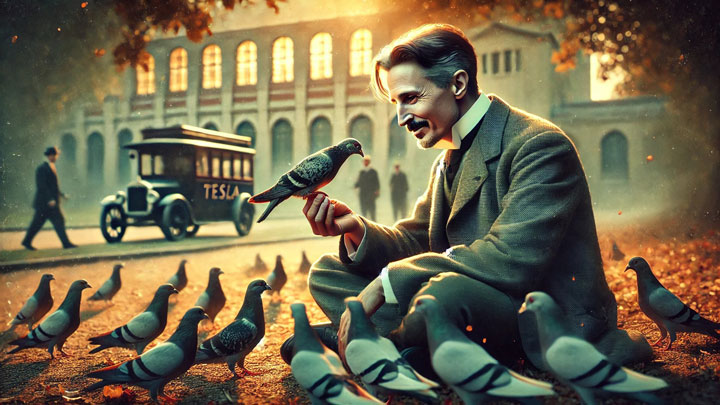 Nikola Tesla feeds pigeons in a quiet park, his intense gaze softened, with a blurred lab behind symbolizing his hidden emotional world.