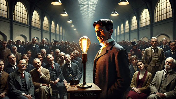 Nikola Tesla holds a glowing wireless lightbulb at a science exhibition, commanding attention while skeptics whisper in the crowd.