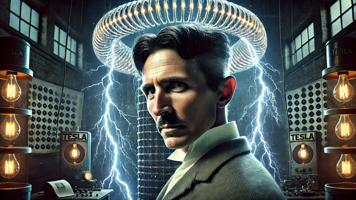 Nikola Tesla stands before a crackling Tesla coil, his tense gaze shifting between an unfinished machine and a waiting bill collector.