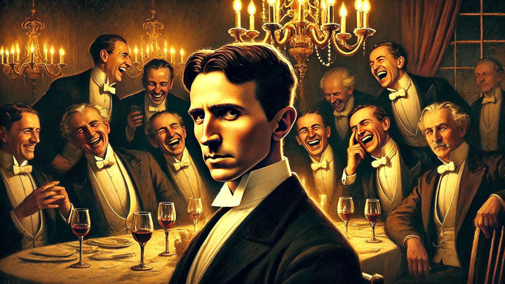 Nikola Tesla watches businessmen at a dinner party with suspicion, as a shadowy Edison figure in the background symbolizes past betrayals.