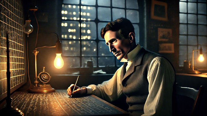 Tesla, alone in his dim lab, absorbed in equations; outside, a lit city thrives—his genius fuels progress, yet solitude lingers.